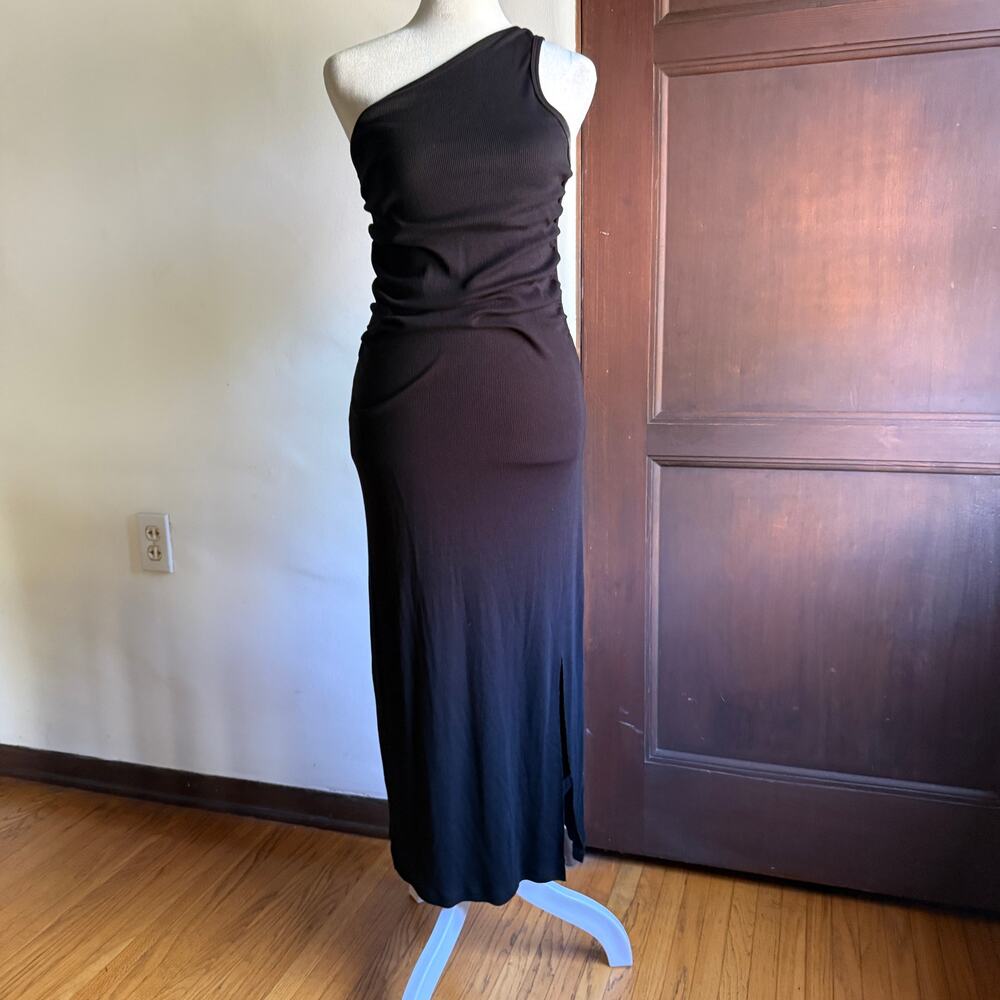 LNA | Black Ribbed Jersey One Shoulder Midi Dress | Medium